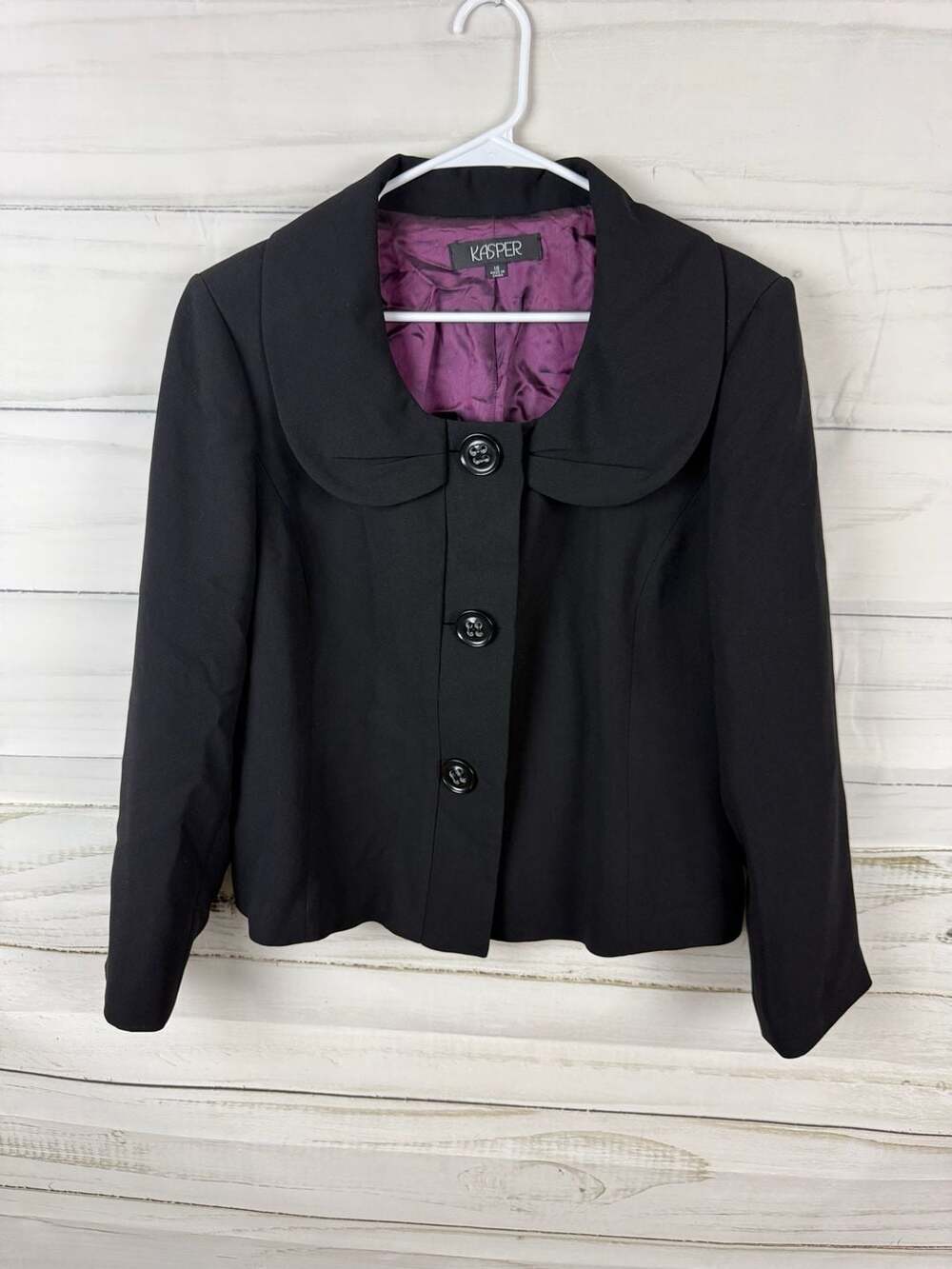 Kasper Women's Black Three-Button Blazer / Oversized Collar and Purple Lining,